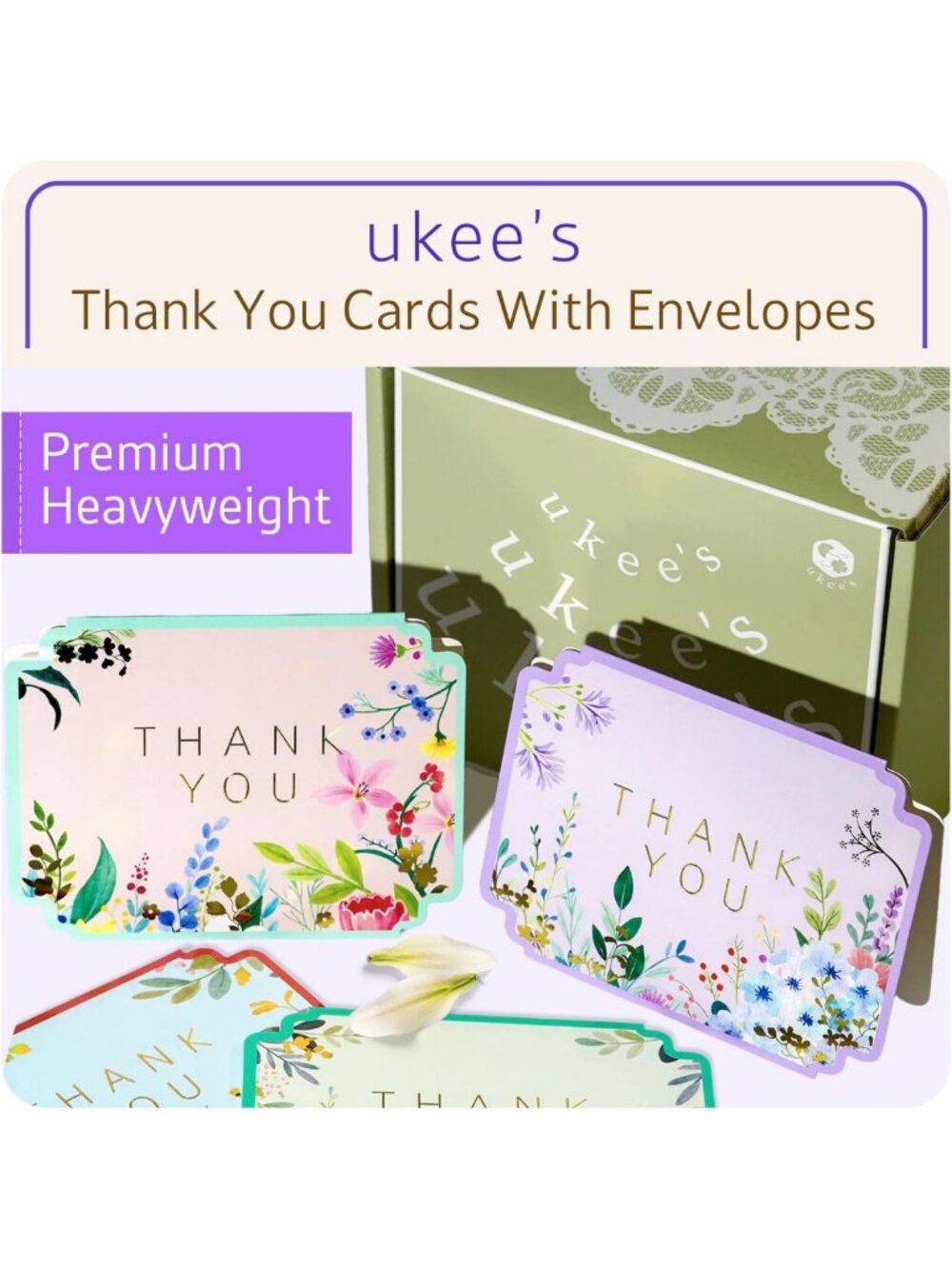Floral Thank You Cards Set - Die-Cut Gold Foil, 100 Cards & Envelopes Included - Picture 3 of 9